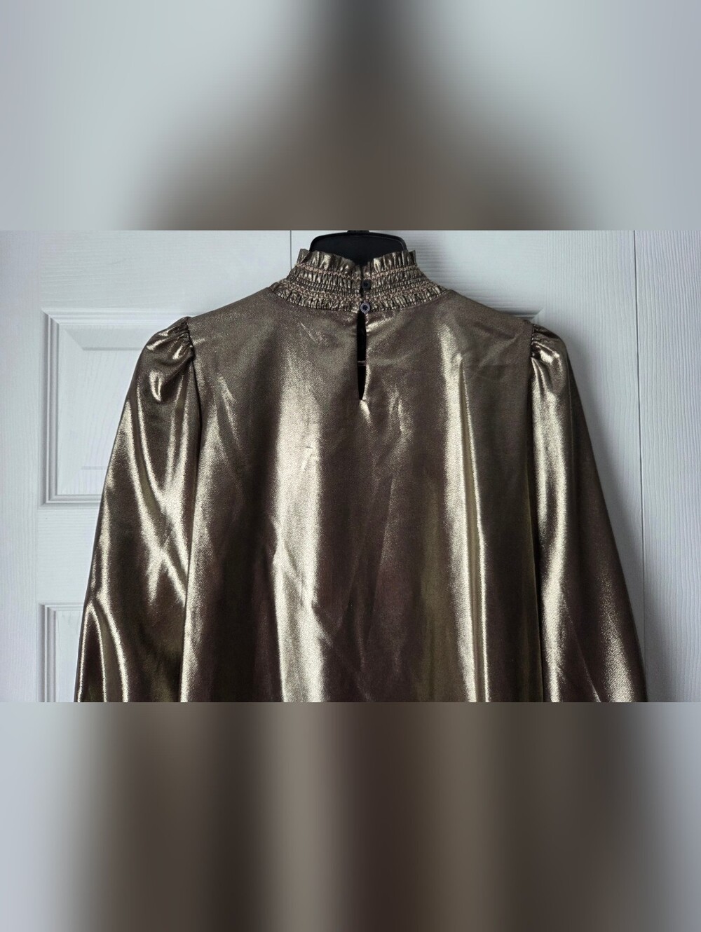 Karl Lagerfeld Paris Metallic Gold Smocked High-Neck Blouse Size M - Picture 9 of 12